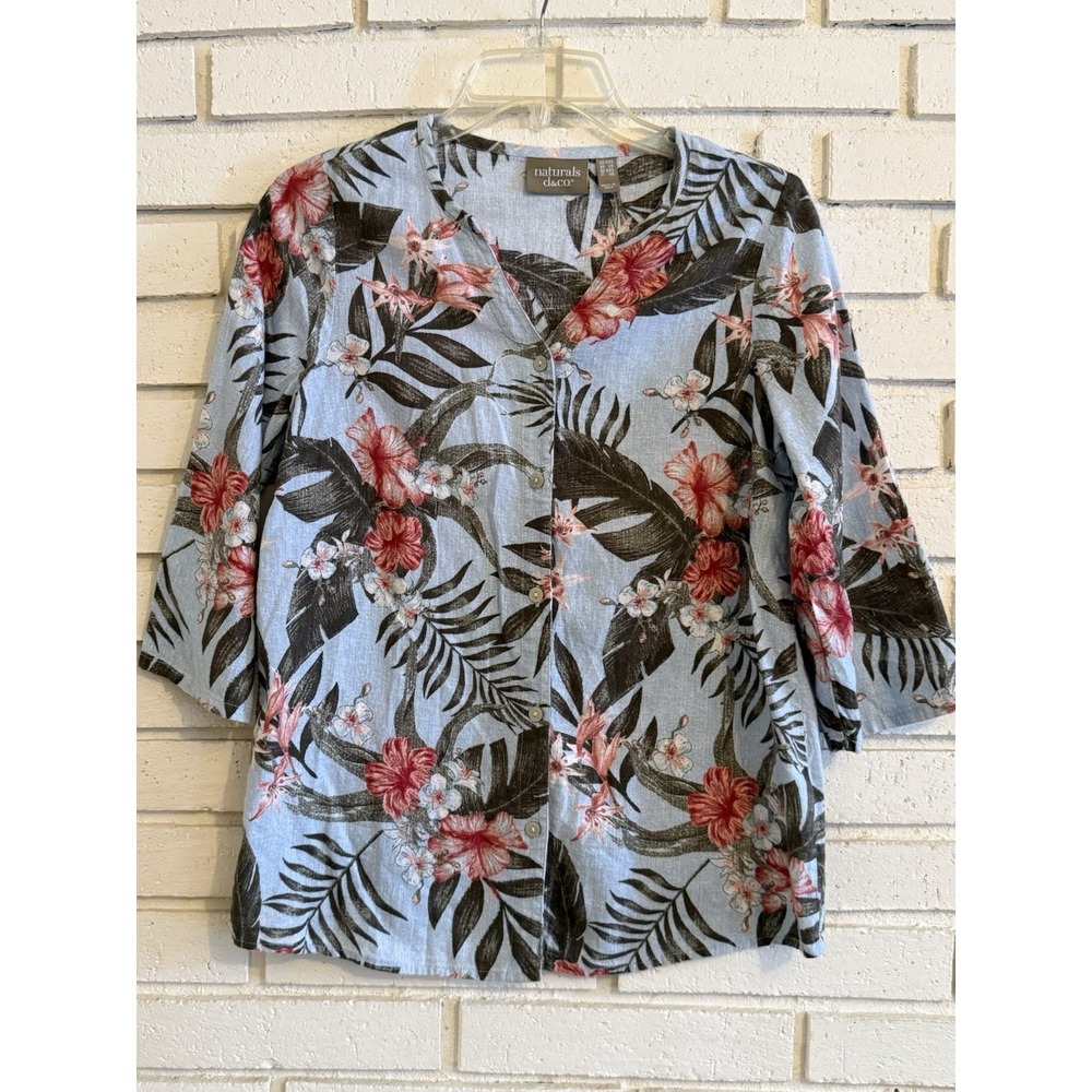 Denim & Co. Naturals Printed Linen Blend Button Front Top Tropical‎ Size XXS